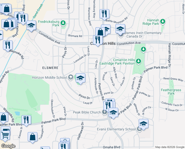 map of restaurants, bars, coffee shops, grocery stores, and more near 2120 Ambleside Drive in Colorado Springs