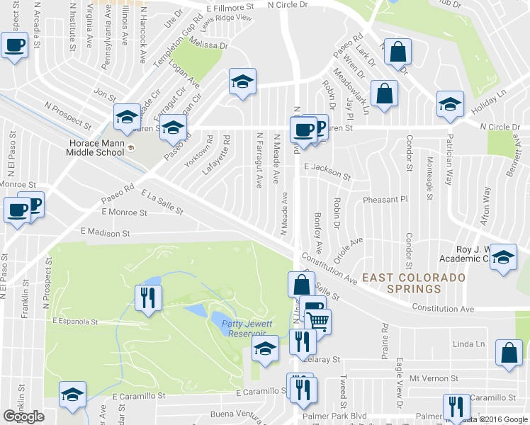 map of restaurants, bars, coffee shops, grocery stores, and more near 2211 Farragut Avenue in Colorado Springs