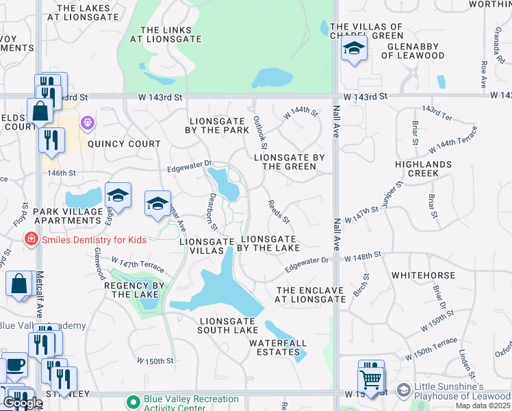 map of restaurants, bars, coffee shops, grocery stores, and more near 5876 Edgewater Drive in Overland Park