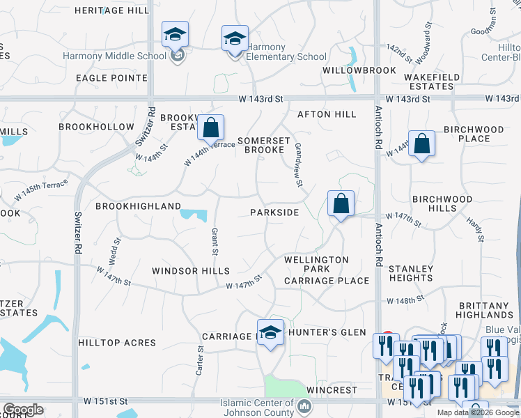 map of restaurants, bars, coffee shops, grocery stores, and more near 9303 West 146th Street in Overland Park