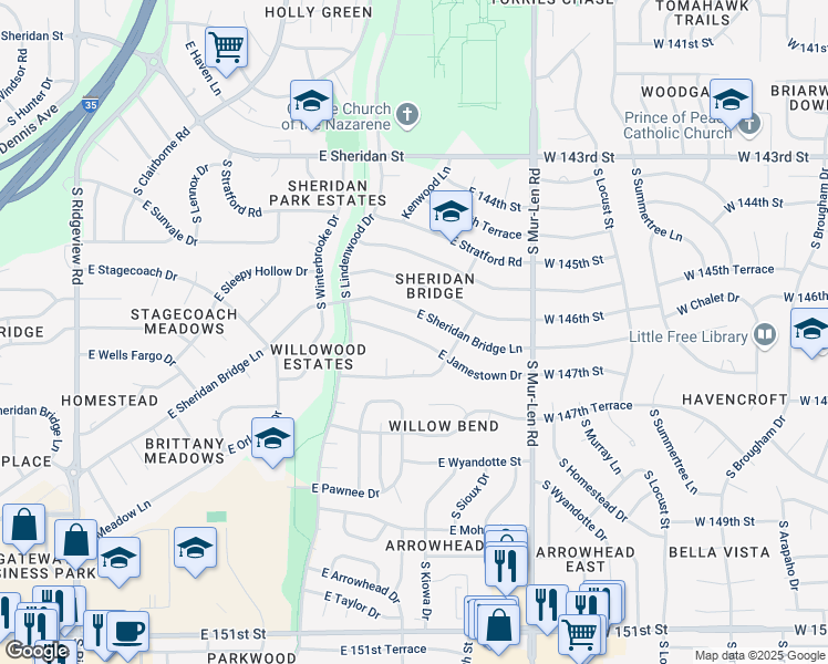 map of restaurants, bars, coffee shops, grocery stores, and more near 1948 East Jamestown Drive in Olathe