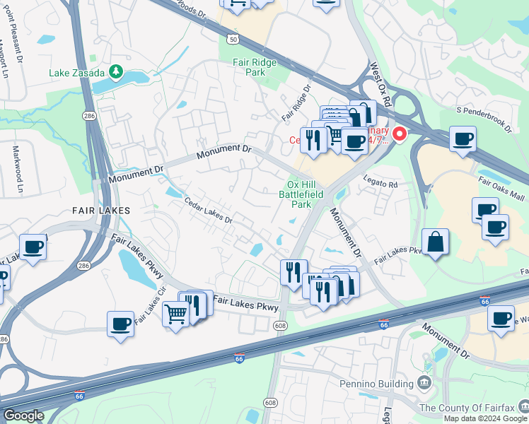map of restaurants, bars, coffee shops, grocery stores, and more near 4209 Sleepy Lake Drive in Fairfax