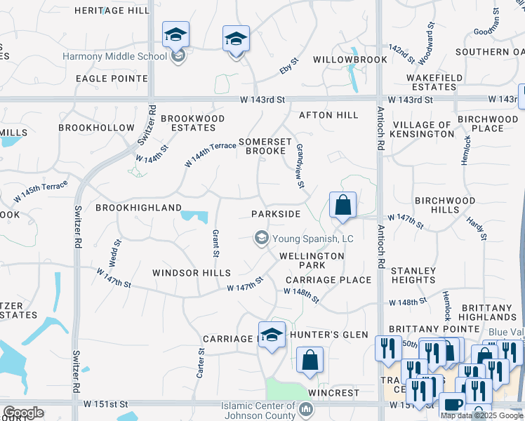 map of restaurants, bars, coffee shops, grocery stores, and more near 9303 West 146th Street in Overland Park