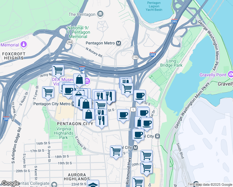 map of restaurants, bars, coffee shops, grocery stores, and more near 480 11th Street South in Arlington