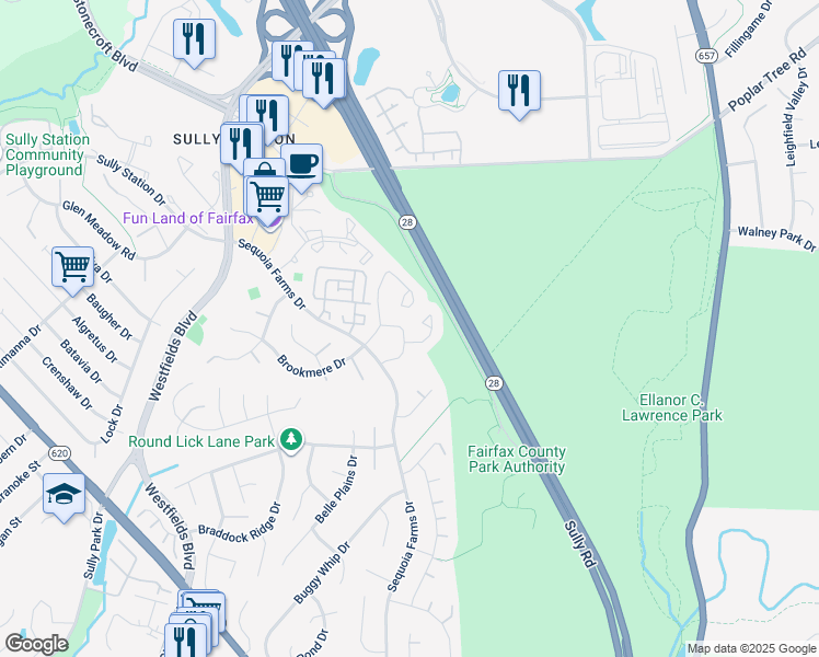 map of restaurants, bars, coffee shops, grocery stores, and more near 5117 Winding Woods Drive in Centreville