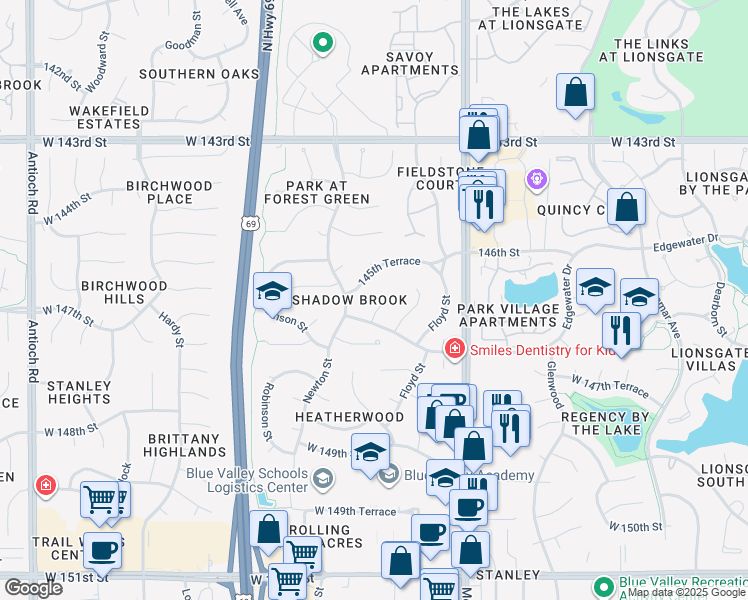 map of restaurants, bars, coffee shops, grocery stores, and more near 14607 Riley Street in Overland Park