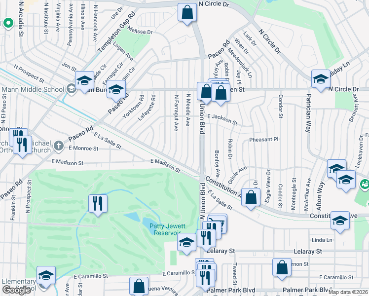 map of restaurants, bars, coffee shops, grocery stores, and more near 2211 Farragut Avenue in Colorado Springs