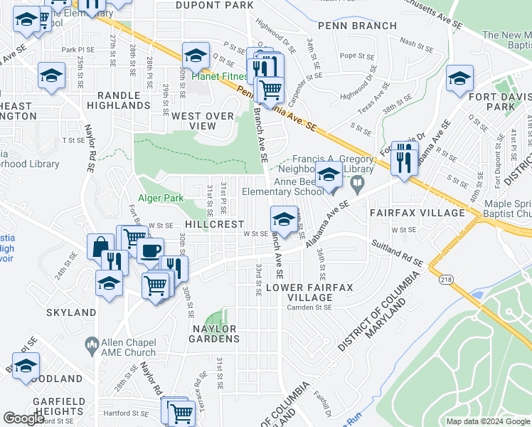 map of restaurants, bars, coffee shops, grocery stores, and more near 2119 Branch Avenue Southeast in Washington
