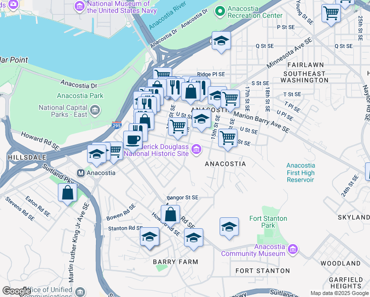 map of restaurants, bars, coffee shops, grocery stores, and more near 2217 14th Street Southeast in Washington