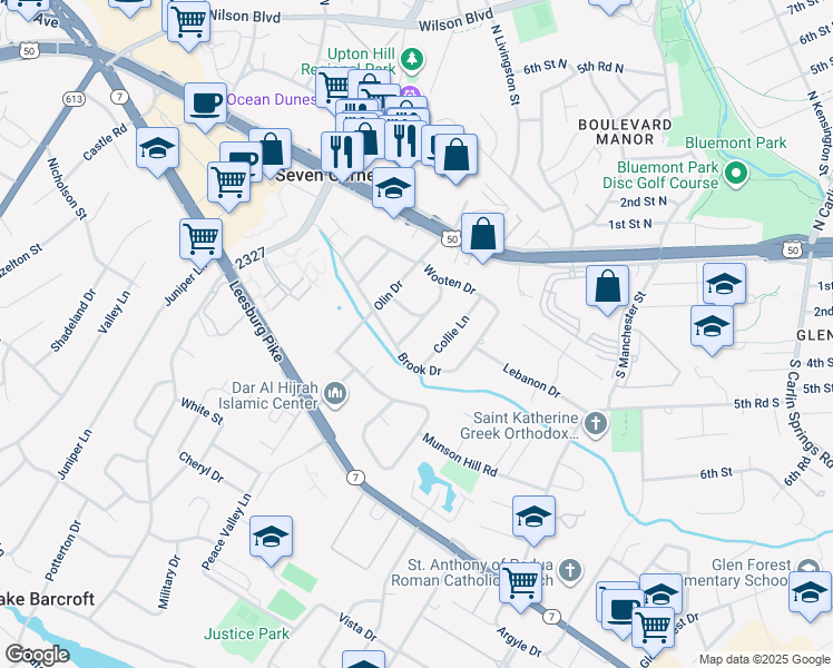 map of restaurants, bars, coffee shops, grocery stores, and more near 3119 Celadon Lane in Falls Church
