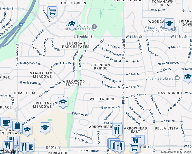 map of restaurants, bars, coffee shops, grocery stores, and more near 1948 East Jamestown Drive in Olathe