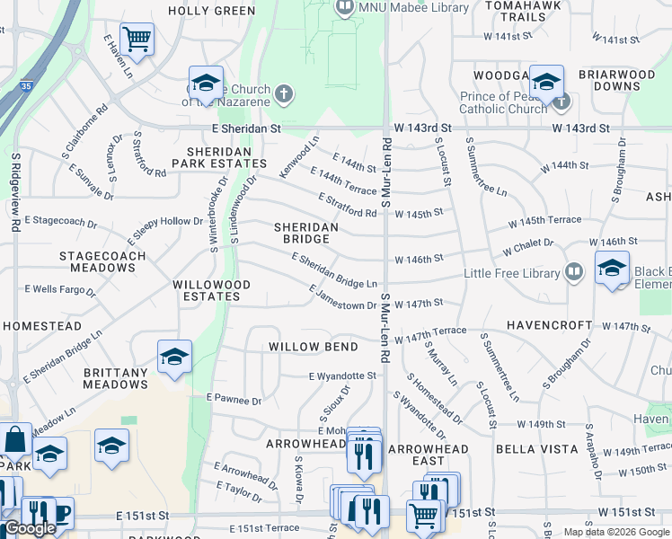 map of restaurants, bars, coffee shops, grocery stores, and more near 2000 East Sheridan Bridge Lane in Olathe