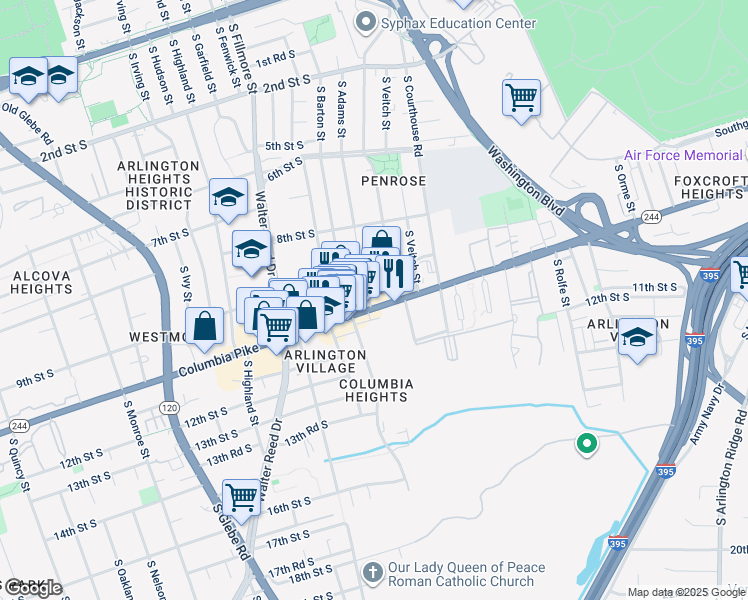 map of restaurants, bars, coffee shops, grocery stores, and more near 2301 Columbia Pike in Arlington