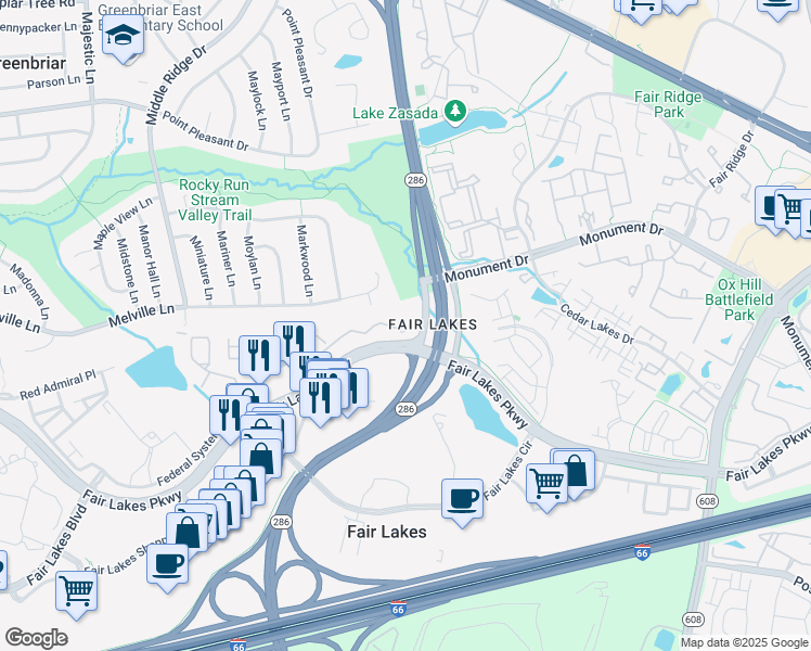 map of restaurants, bars, coffee shops, grocery stores, and more near 154 Fair Crest Court in Fairfax