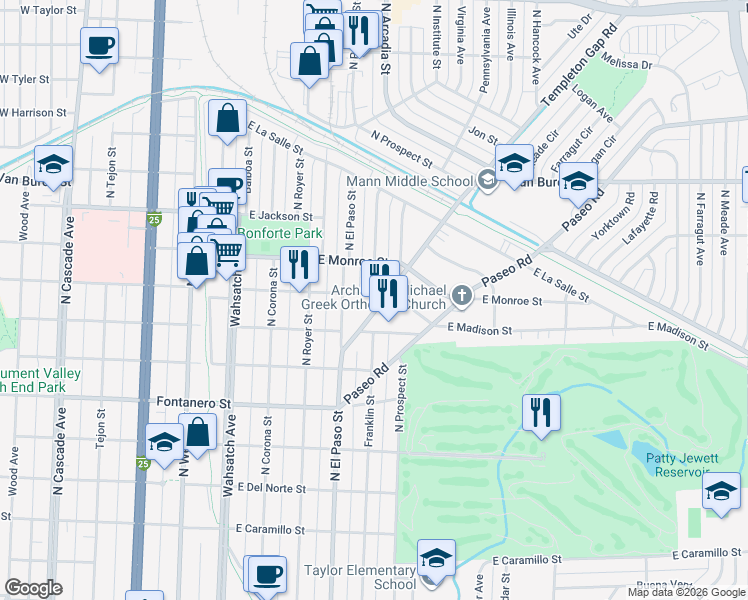 map of restaurants, bars, coffee shops, grocery stores, and more near 2110 Templeton Gap Road in Colorado Springs