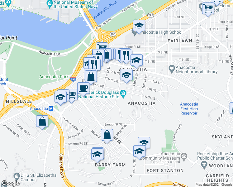 map of restaurants, bars, coffee shops, grocery stores, and more near 2217 14th Street Southeast in Washington