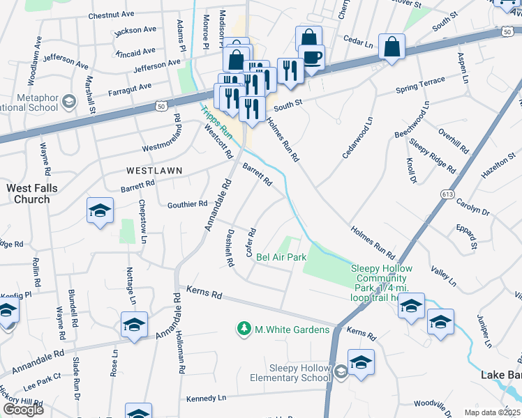 map of restaurants, bars, coffee shops, grocery stores, and more near 3124 Cofer Road in Falls Church