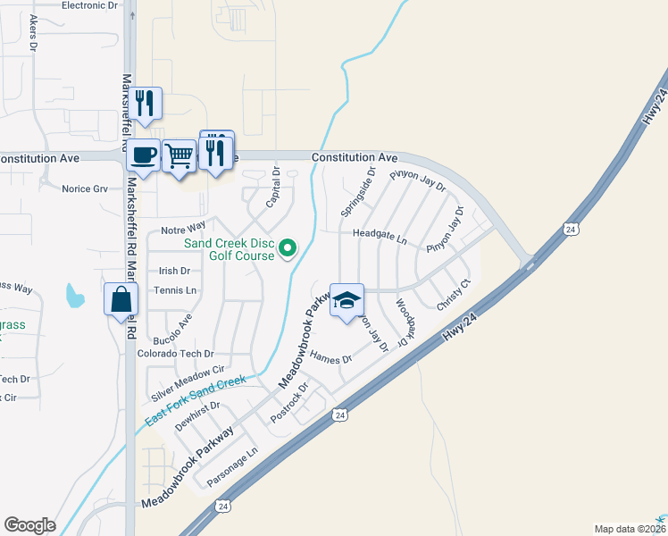 map of restaurants, bars, coffee shops, grocery stores, and more near 2022 Springside Drive in Colorado Springs