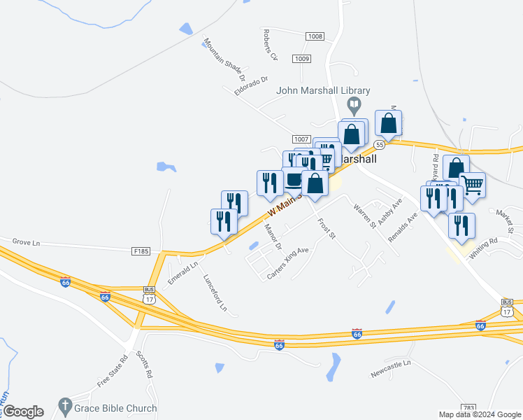 map of restaurants, bars, coffee shops, grocery stores, and more near 8414 W Main St in Fauquier