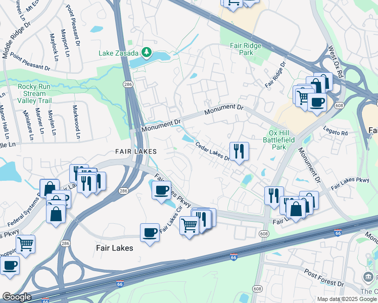 map of restaurants, bars, coffee shops, grocery stores, and more near 12471 Hayes Court in Fairfax