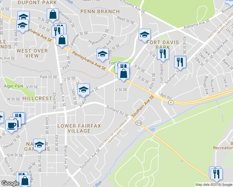 map of restaurants, bars, coffee shops, grocery stores, and more near 2104 38th Street Southeast in Washington