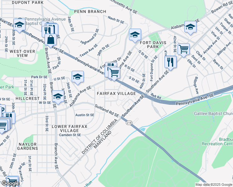 map of restaurants, bars, coffee shops, grocery stores, and more near 2103 Fort Davis Street Southeast in Washington