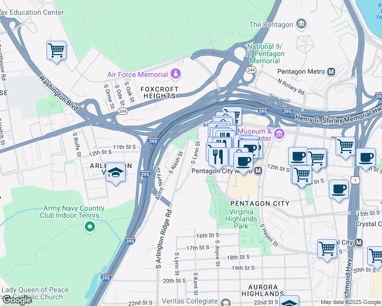 map of restaurants, bars, coffee shops, grocery stores, and more near 1101 South Arlington Ridge Road in Arlington