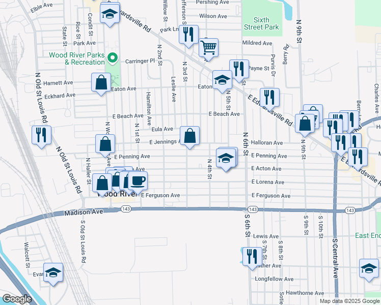 map of restaurants, bars, coffee shops, grocery stores, and more near 301 East Penning Avenue in Wood River