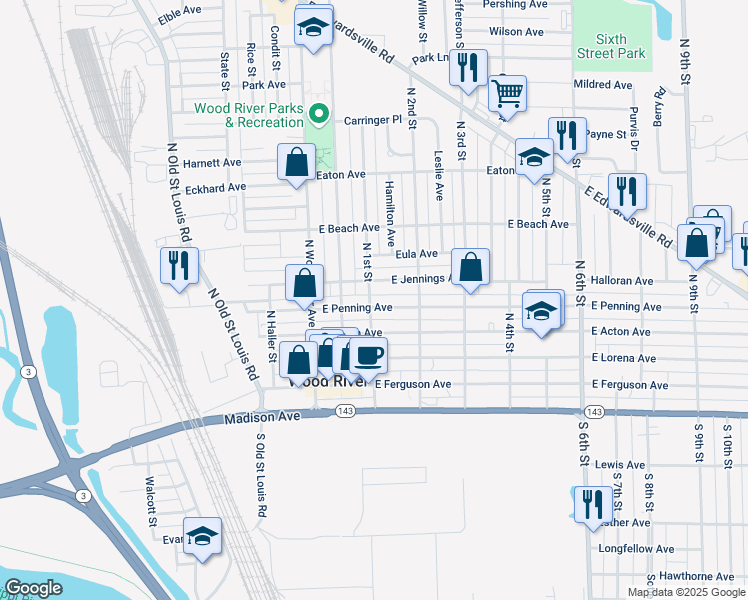 map of restaurants, bars, coffee shops, grocery stores, and more near 301 North 1st Street in Wood River