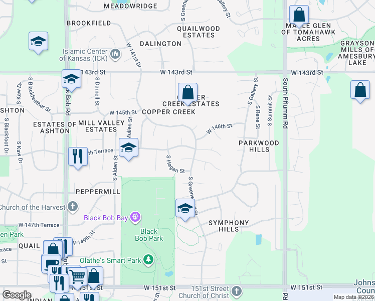 map of restaurants, bars, coffee shops, grocery stores, and more near 14620 South Greenwood Street in Olathe