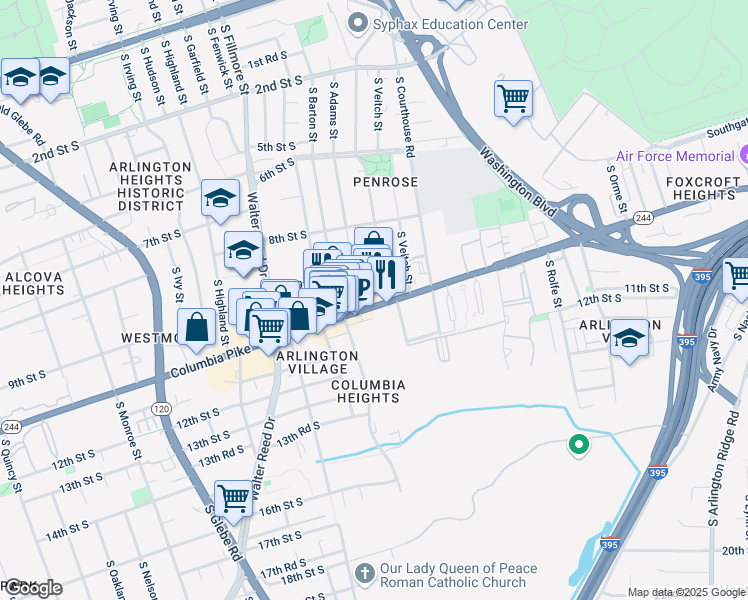 map of restaurants, bars, coffee shops, grocery stores, and more near 2301 Columbia Pike in Arlington
