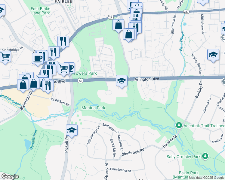 map of restaurants, bars, coffee shops, grocery stores, and more near 9225 Arlington Boulevard in Fairfax