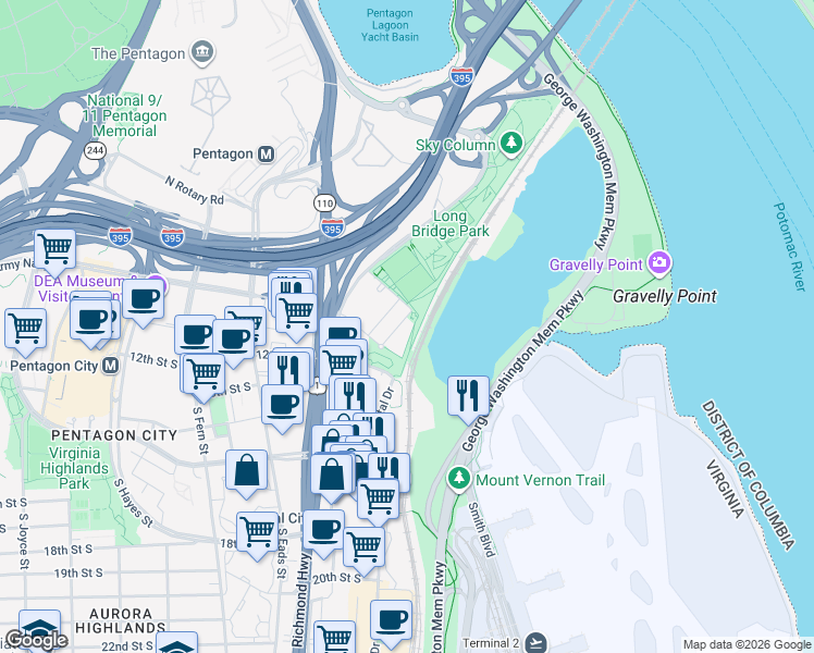 map of restaurants, bars, coffee shops, grocery stores, and more near 305 10th Street South in Arlington