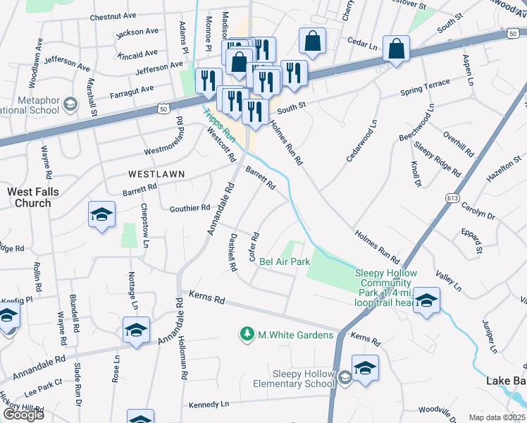 map of restaurants, bars, coffee shops, grocery stores, and more near 3124 Cofer Road in Falls Church