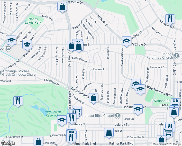 map of restaurants, bars, coffee shops, grocery stores, and more near 2116 Lark Drive in Colorado Springs
