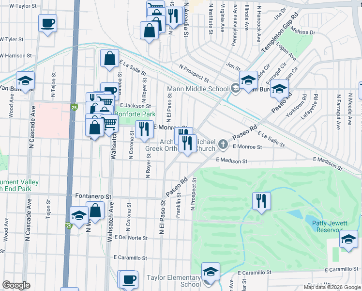 map of restaurants, bars, coffee shops, grocery stores, and more near 2110 Templeton Gap Road in Colorado Springs