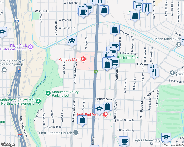 map of restaurants, bars, coffee shops, grocery stores, and more near 2111 North Nevada Avenue in Colorado Springs