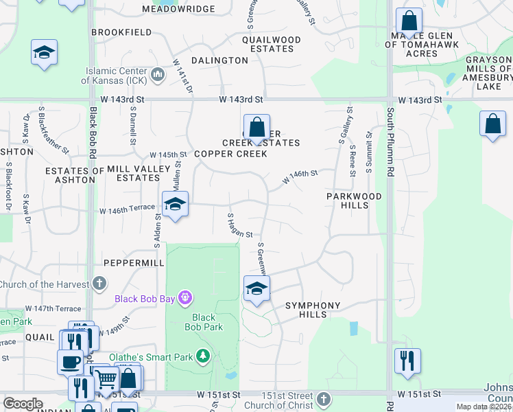 map of restaurants, bars, coffee shops, grocery stores, and more near 14620 South Greenwood Street in Olathe