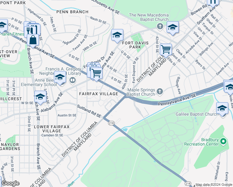 map of restaurants, bars, coffee shops, grocery stores, and more near 3937 Pennsylvania Avenue Southeast in Washington