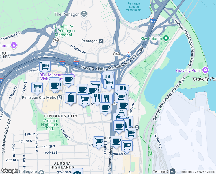 map of restaurants, bars, coffee shops, grocery stores, and more near 300 Army Navy Drive in Arlington