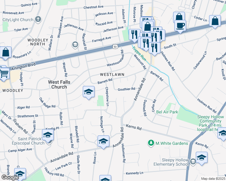 map of restaurants, bars, coffee shops, grocery stores, and more near 3120 Greenway Boulevard in Falls Church