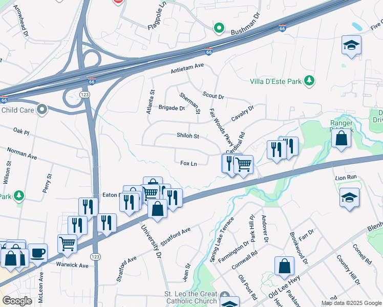 map of restaurants, bars, coffee shops, grocery stores, and more near 10215 Cardinal Road in Fairfax