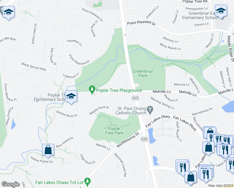 map of restaurants, bars, coffee shops, grocery stores, and more near 4631 Sand Rock Lane in Chantilly