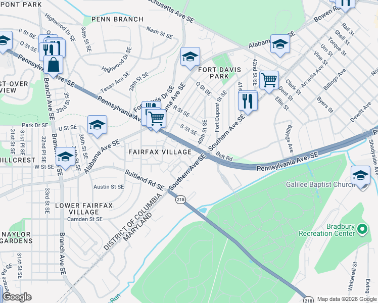 map of restaurants, bars, coffee shops, grocery stores, and more near 3937 Pennsylvania Avenue Southeast in Washington
