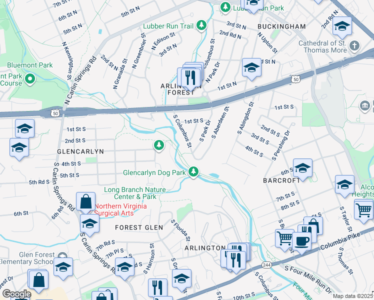 map of restaurants, bars, coffee shops, grocery stores, and more near 146 South Columbus Street in Arlington