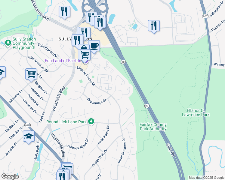 map of restaurants, bars, coffee shops, grocery stores, and more near 14427 Fallscliff Lane in Centreville