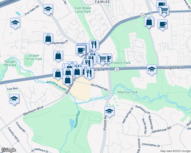 map of restaurants, bars, coffee shops, grocery stores, and more near 9491 Fairfax Boulevard in Fairfax