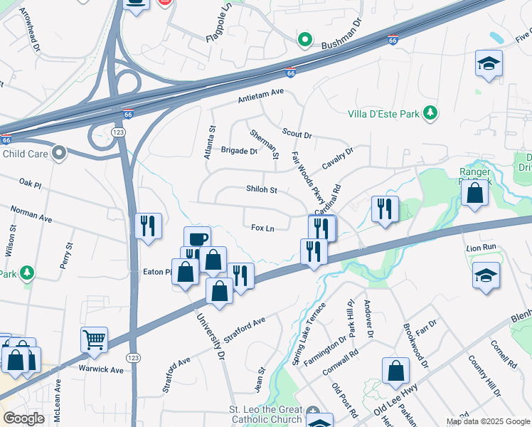 map of restaurants, bars, coffee shops, grocery stores, and more near 10215 Cardinal Road in Fairfax