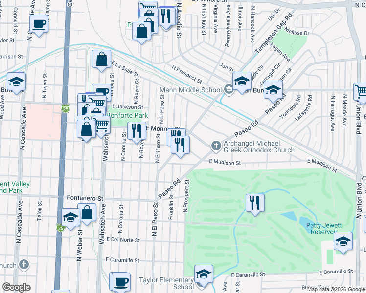 map of restaurants, bars, coffee shops, grocery stores, and more near East Madison Street in Colorado Springs