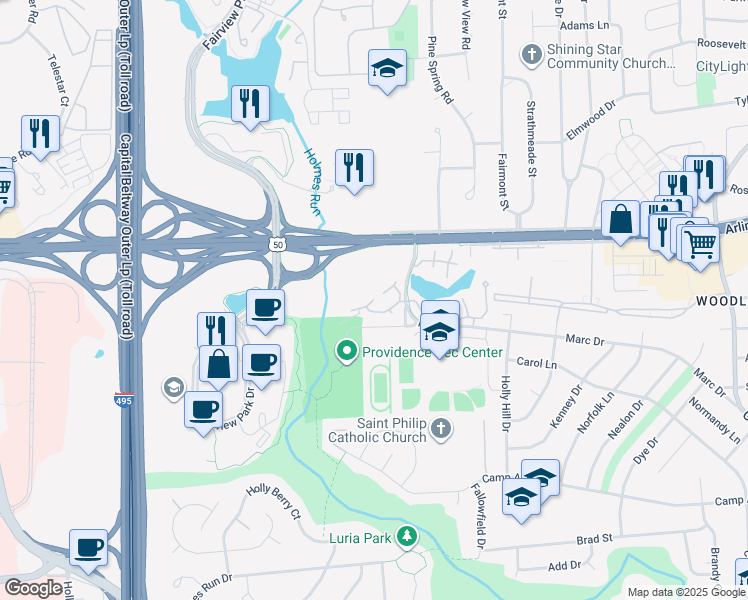 map of restaurants, bars, coffee shops, grocery stores, and more near Willow Point Drive in Falls Church